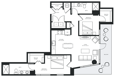 Floor plan for 2 beds, 2 baths, 1145 sqft